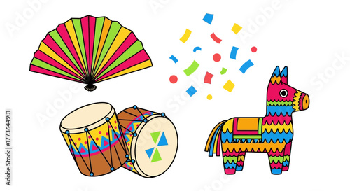 Colorful fan, drums, confetti, and piata on, representing festive celebration or party