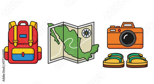 Travel essentials for mexican adventure, featuring backpack, map mexico, camera, and sandals