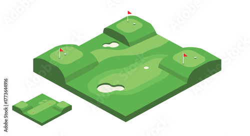 Isometric golf course design with green hues and miniature view