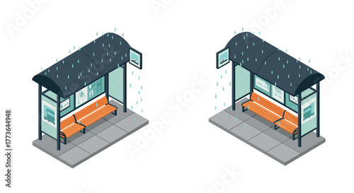 Isometric illustration of a bus stop in rain with benches and shelter