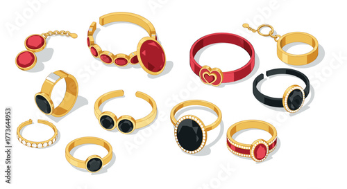 Elegant isometric jewelry collection featuring stylish rings and bracelets with red and black accents