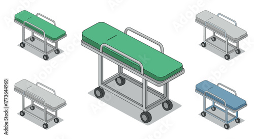 Isometric hospital gurney set with green, gray, and blue variants