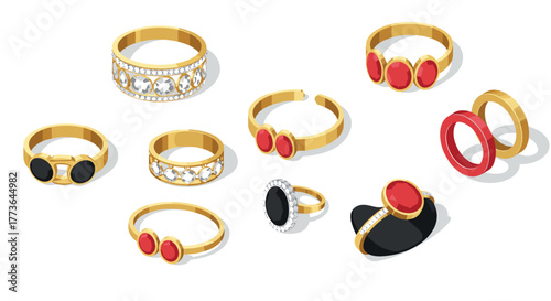 Elegant collection of gold rings with gemstones in isometric style on white background