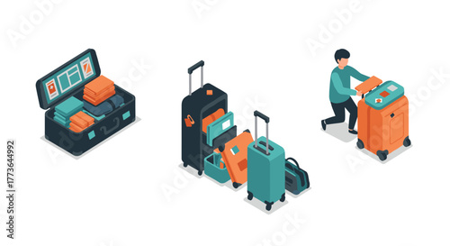 Isometric travel concept with luggage and preparing traveler