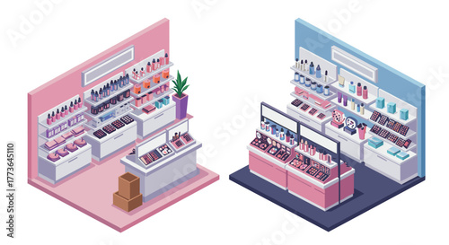 Isometric beauty display with cosmetic products in stylish colorful showcases