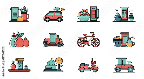 Diverse set flat design icons representing various vehicles and objects, including cars, bicycle, scooter, and household items