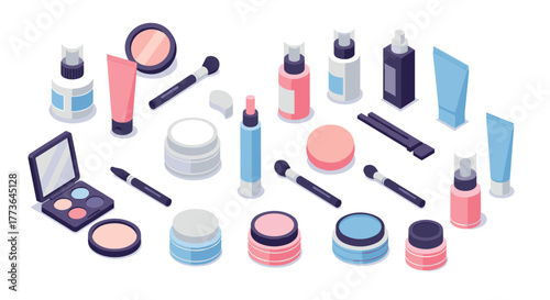 Isometric beauty product collection with makeup and skincare essentials