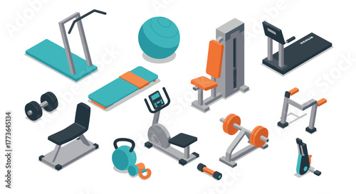 Modern gym equipment collection in isometric style for fitness enthusiasts