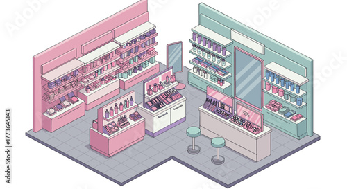 Isometric makeup store display with shelves of cosmetics in pastel colors