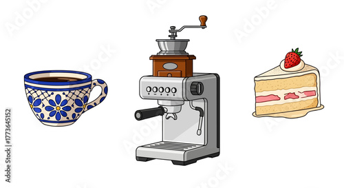 Coffee break setup with decorative cup coffee, espresso machine, and slice strawberry cake