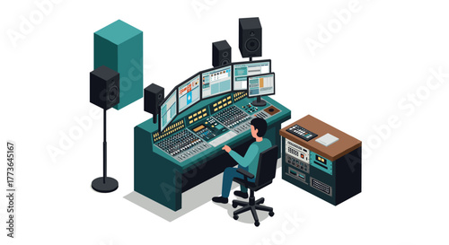 Modern isometric music production studio with sound engineer at mixing console