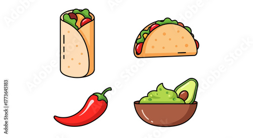 Collection mexican food items including burrito, taco, chili pepper, and guacamole