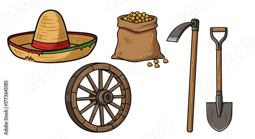 Rural farming and harvest elements including sombrero, burlap sack grain, hoe, and shovel