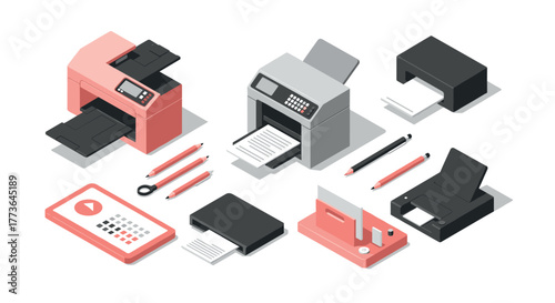 Modern office equipment set in isometric style for printing and organization