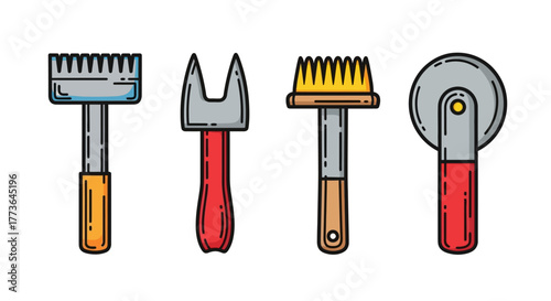 Collection four different types tools, including rake, fork, brush, and pizza cutter, all isolated on