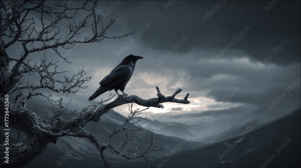 Fototapeta premium Raven perched on a bare tree branch against a moody twilight sky