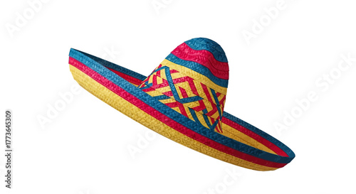 Colorful, traditional mexican sombrero hat with vibrant stripes and patterned crown, isolated on