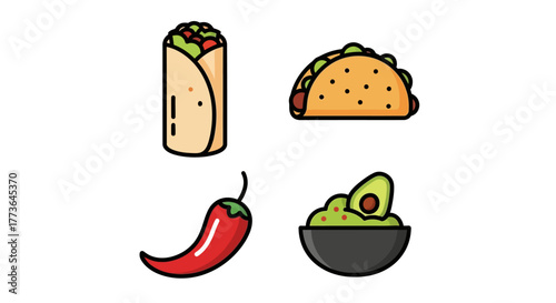 Collection mexican food icons including burrito, taco, chili pepper, and guacamole