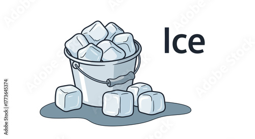 Bucket filled with ice cubes, with several ice cubes scattered around it, indicating cold refreshment or chilling concept