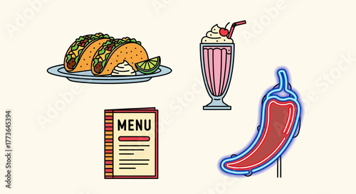 Selection mexican food items and related elements, including tacos, milkshake, menu, and neon chili pepper sign, suggesting restaurant or diner theme