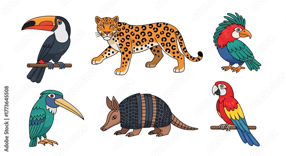Naklejka premium Set south american wildlife including jaguar, toucan, macaw, parrot, armadillo, and colorful bird