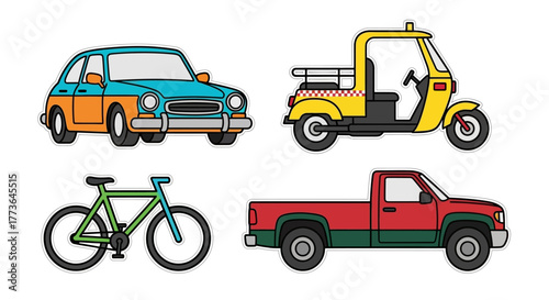 Collection diverse vehicles including car, pickup truck, tuktuk, and bicycle