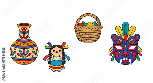 Collection traditional mexican folk items including vase, doll, basket, and mask