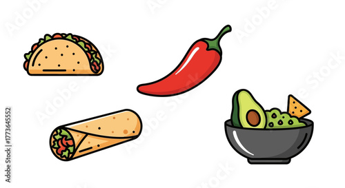 Assortment mexican food icons featuring taco, red chili pepper, burrito, and bowl guacamole with tortilla chip