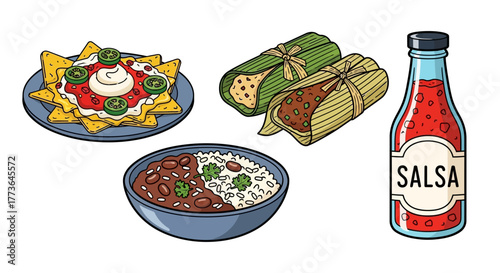 Nachos, tamales, rice and beans, and salsa bottle