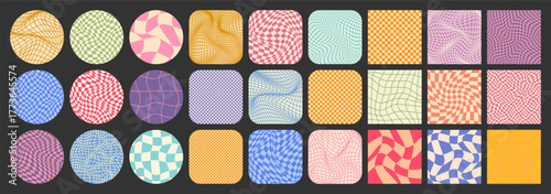 Groovy checkered pattern, colorful tiled grid. Vintage wavy curved backdrop, distortion effect. Funky geometric chessboard texture, retro background in 90s style, y2k. Vector illustration