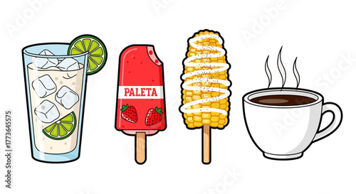Selection mexican beverage and snack icons including limeade drink with ice and lime slices, strawberry paleta, elote corn on the cob, and steaming cup coffee