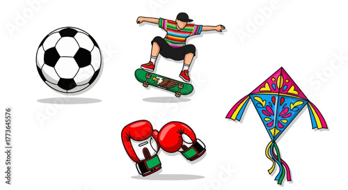 Soccer ball, skateboarder, boxing gloves, and kite