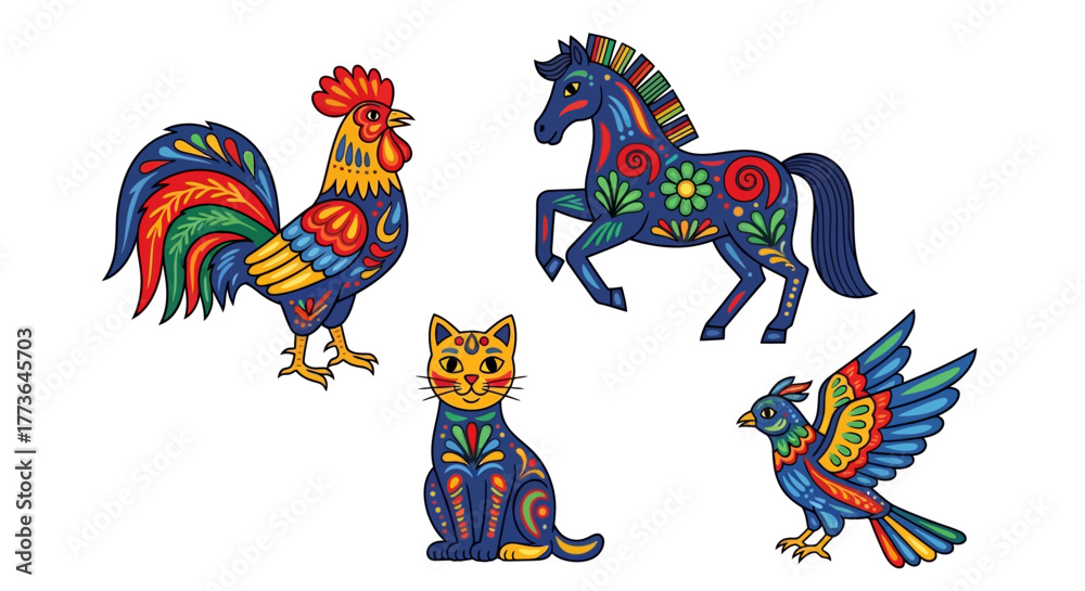 Obraz premium Vibrant and colorful folk style illustrations farm animals and bird, including rooster, cat, horse, and small bird, adorned with intricate patterns, isolated on, showcasing traditional artistic motifs