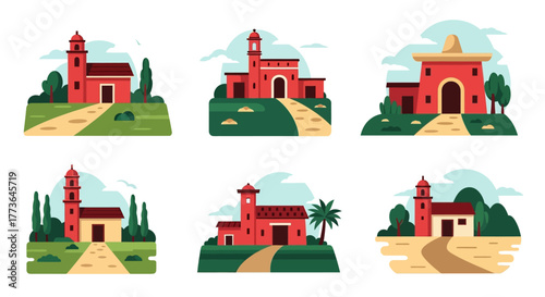 Collection six flat design illustrations traditional mexican haciendas with towers and arches, set against green landscapes and blue skies, representing architectural heritage and cultural landmarks