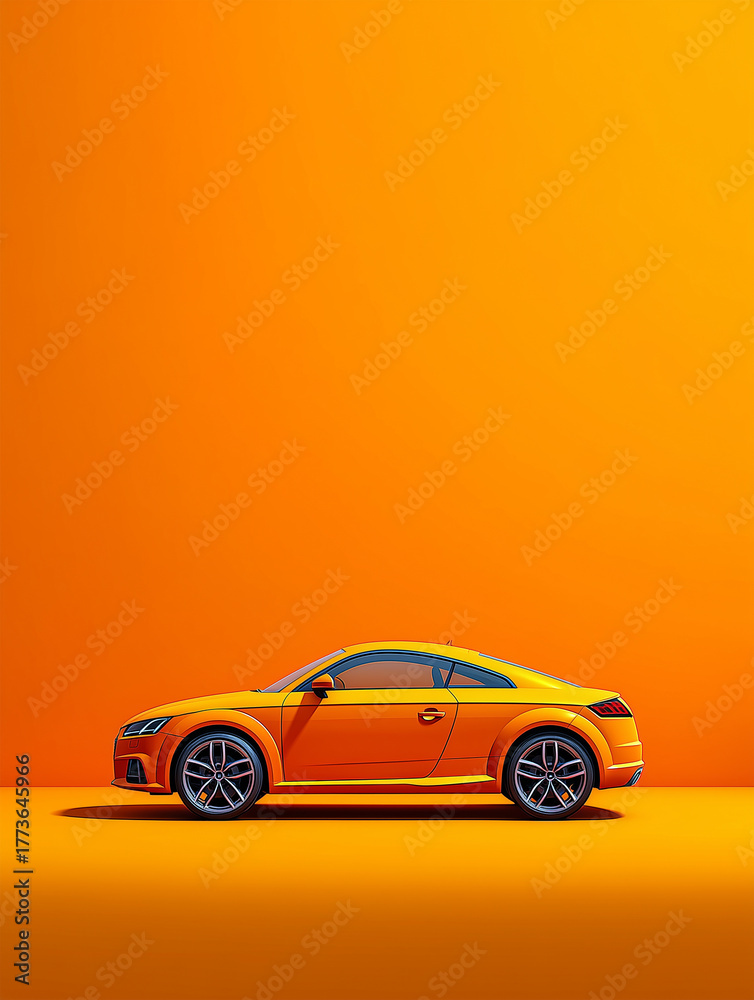 Fototapeta premium Modern orange car on a bright orange background, minimalistic studio style. Perfect for advertising, design, and creative projects.