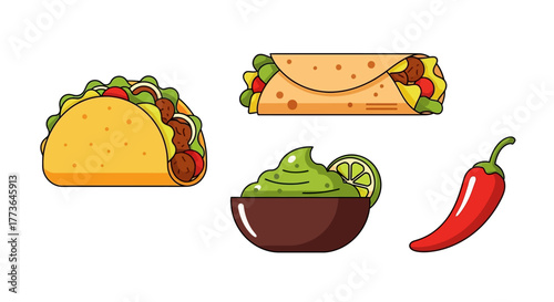 Selection classic mexican food items including taco, burrito, bowl guacamole with lime, and red chili pepper, isolated on