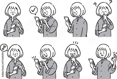 スマホを使う女性イラストセット（モノクロ）　ベクター
