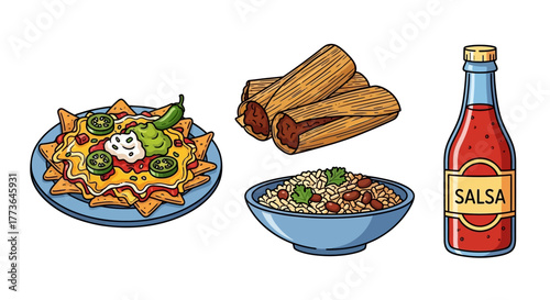 Colorful mexican food items nachos with toppings, tamales, bowl beans, and bottle salsa, isolated on