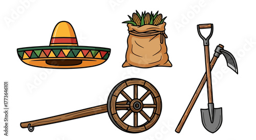 Collection farm and harvest related items, including sombrero, sack corn, wagon wheel, shovel, and hoe, all isolated on
