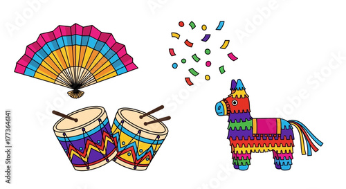 Festive collection party items, including colorful fan, two drums with sticks, confetti, and donkey piata, isolated on