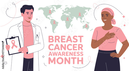 Breast Cancer Awareness Month Doctor Holding Ribbon, Survivor with Headscarf Near World Map