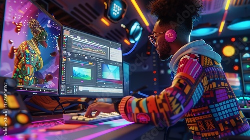 Young man working on video editing project on computer in colorful studio with creative design