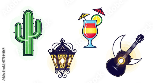 Collection mexican cultural icons including cactus, lantern, cocktail, and guitar