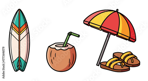 Beach vacation essentials including surfboard, coconut drink, beach umbrella, and flipflops