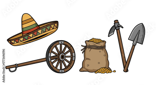Set mexicanthemed objects including sombrero, cart wheel, sack gold, pickaxe, and shovel