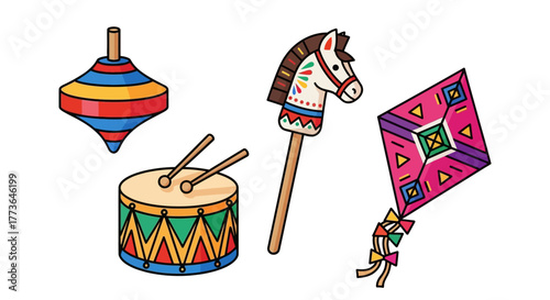 Collection vintage toys including spinning top, drum with drumsticks, toy horse on stick, and kite, all isolated on