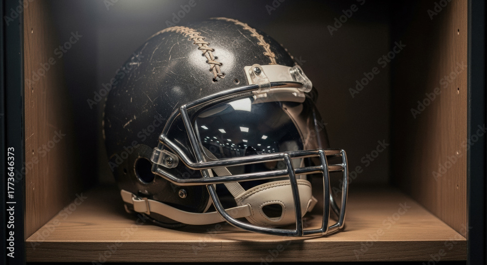 Fototapeta premium Vintage American football helmet resting on a wooden shelf, conveying nostalgia, sporting heritage, and a classic athletic concept.
