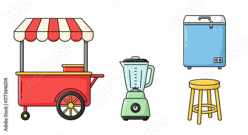 Collection food cart elements including red food cart with striped awning, green blender, blue chest freezer, and yellow stool, all