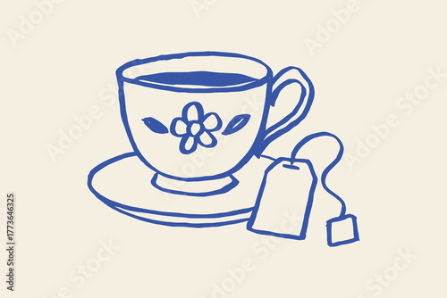 Teacup with saucer and teabag naive sketch vector illustration