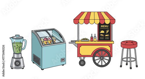Set food service equipment including blender, display freezer with ice cream, food cart with menu, and red stool, all